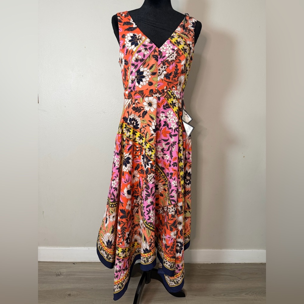 Vince Camuto Vibrant Floral Midi Dress - Pink, Orange, Black